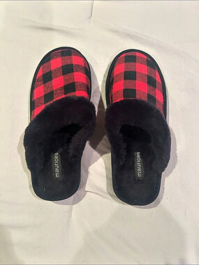 maurices Buffalo Plaid Faux Fur Slippers Trim Slippers Black & Red